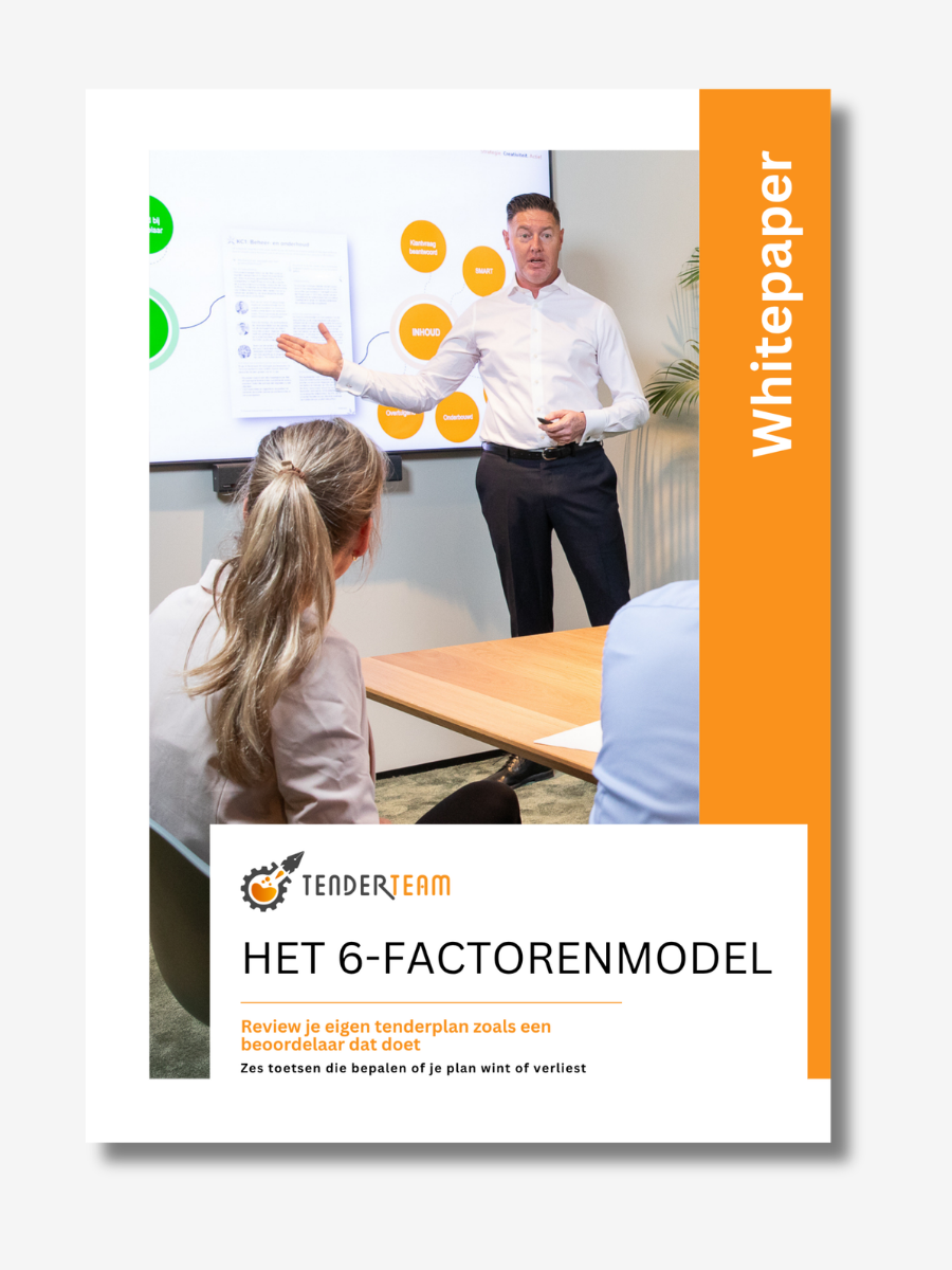 Whitepaper Het 6-factorenmodel Het 6-factorenmodel van Tenderteam: zes factoren om je tenderplan te reviewen zoals een beoordelaar.
