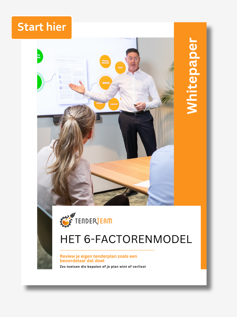 Het 6-factorenmodel van Tenderteam: zes factoren om je tenderplan te reviewen zoals een beoordelaar.